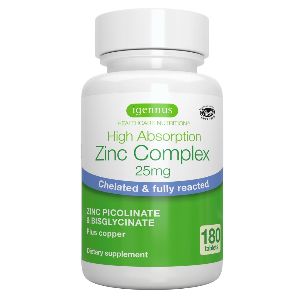 Igennus Clean Chelated Zinc 25mg με χαλκό, Πλήρως αναπαραχθεί Picolinate & Bisglycinate, Υψηλή Απορρόφηση Complex, Συμπλήρωμα για γυναίκες & άνδρες, Εργαστήριο Επαληθευμένο, Μη ΓΤΟ, Ανοσοποιητικό & Δερμάτινο Υποστήριξη, 6 Μήνες Προσφορά