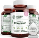 Natural Nutra GTF Πολυνικοτινικό χρώμιο με ChromeMate, υποστηρίζει το μεταβολισμό του σώματος, υποστηρίζει την υγεία της καρδιάς, διατηρεί το επίπεδο λίπους του σώματος, βελτιώνει την πέψη, καρδιοαγγειακή υγεία, 200 mcg, 120 Vegan δισκία