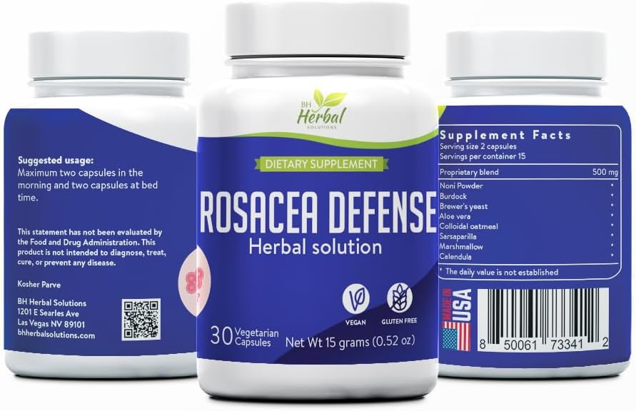 Rosacea Defense - φυτικό συμπλήρωμα για την ερυθρότητα του δέρματος και ευαισθησία - Υποστηρίζει ήρεμη, ισορροπημένη επιδερμίδα - 100% φυσικά συστατικά