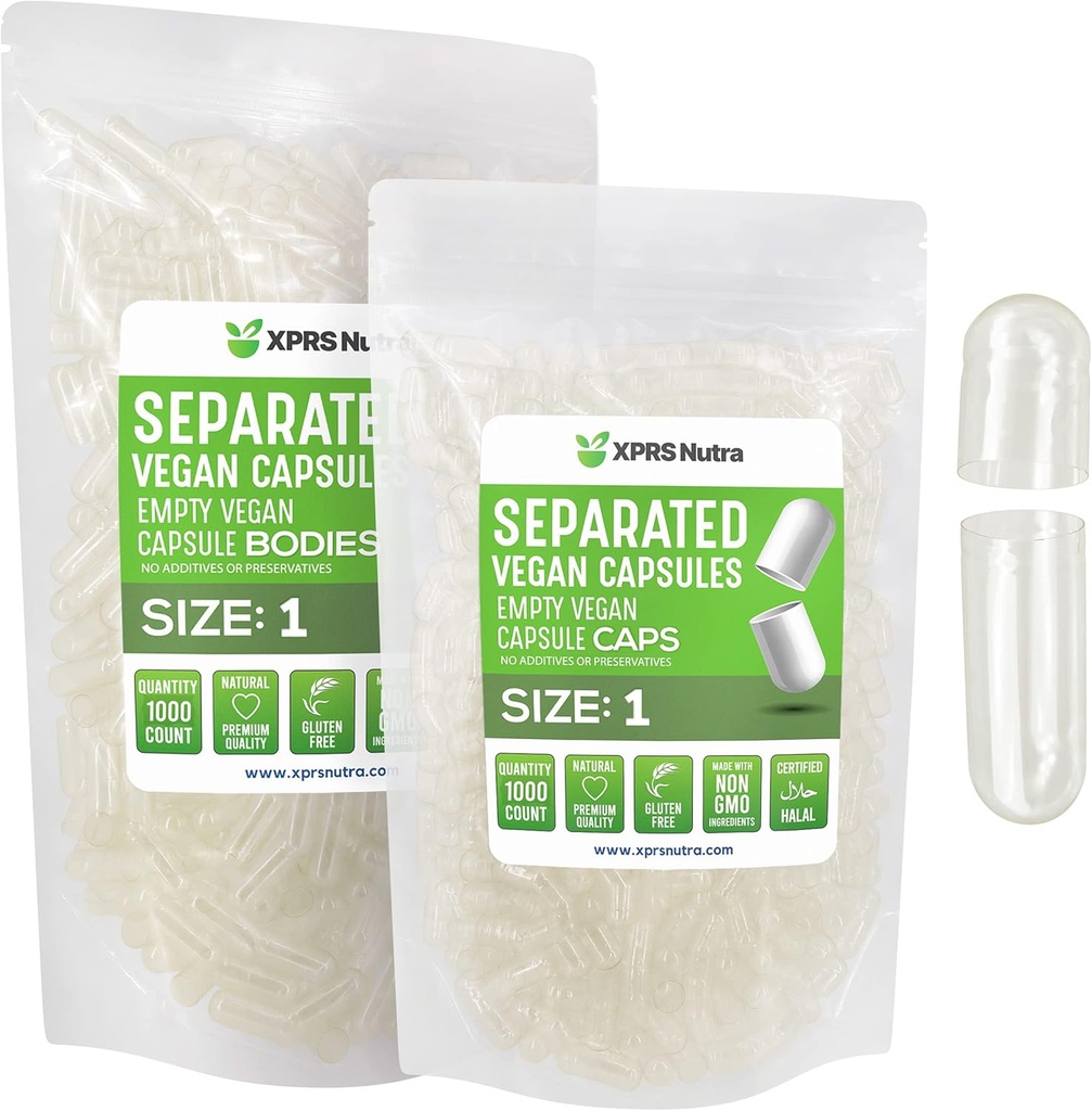 XPRS Nutra Vegan Μέγεθος 1 Χωριστές κάψουλες - 1000 Count Clear Premium Άδειες κάψουλες Χωρίζονται σε τσάντες - Χάπια 1 για συμπλήρωση συμπληρώματος DIY