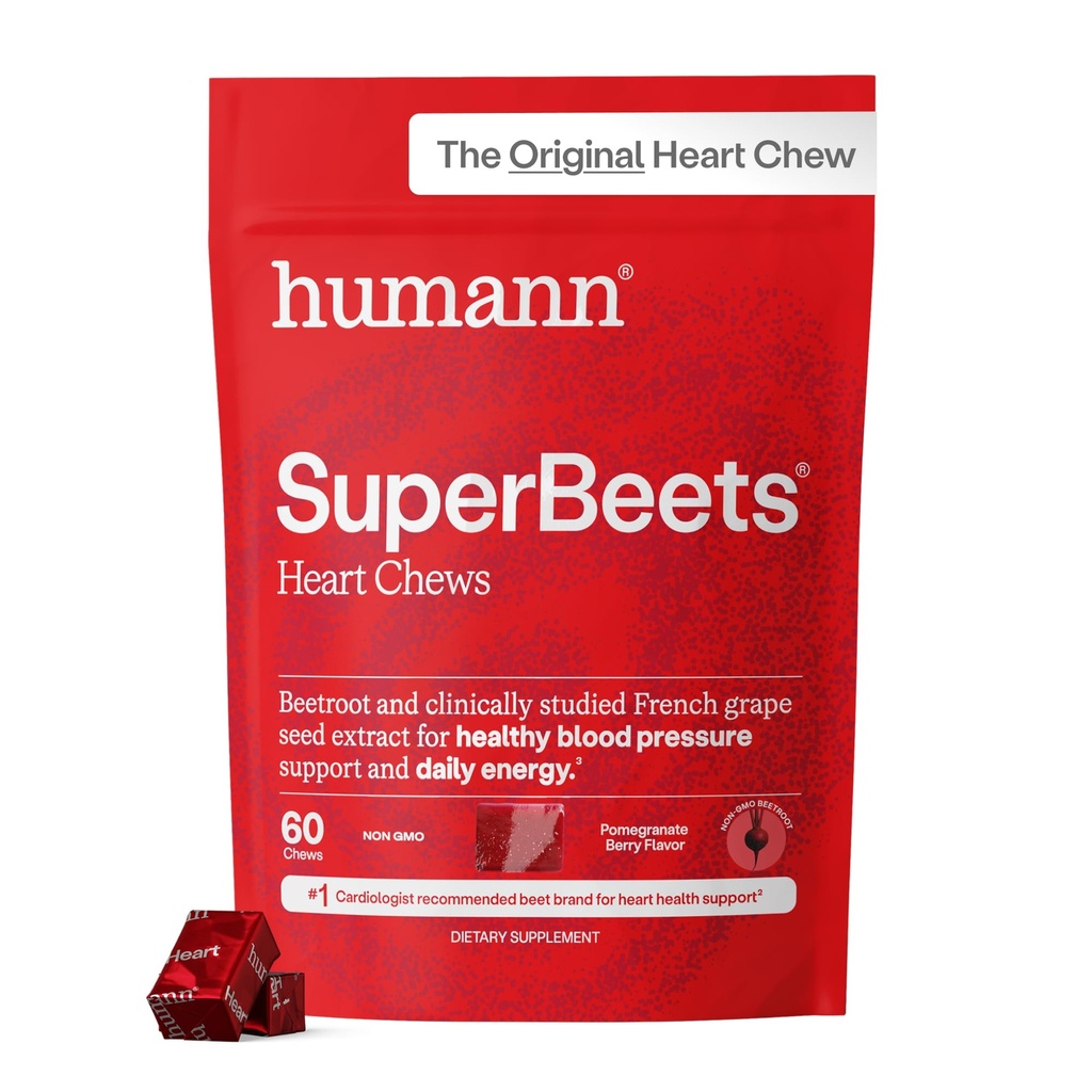 Ανθρώπινο SuperBeets Καρδιά Chews, Nitric Oxide και υποστήριξη της πίεσης του αίματος, εκχύλισμα σπόρων σταφυλιού & συμπλήρωμα ενέργειας από μη GMO Beet Root Powder, Ρόδι Berry Flavor, 60 Count