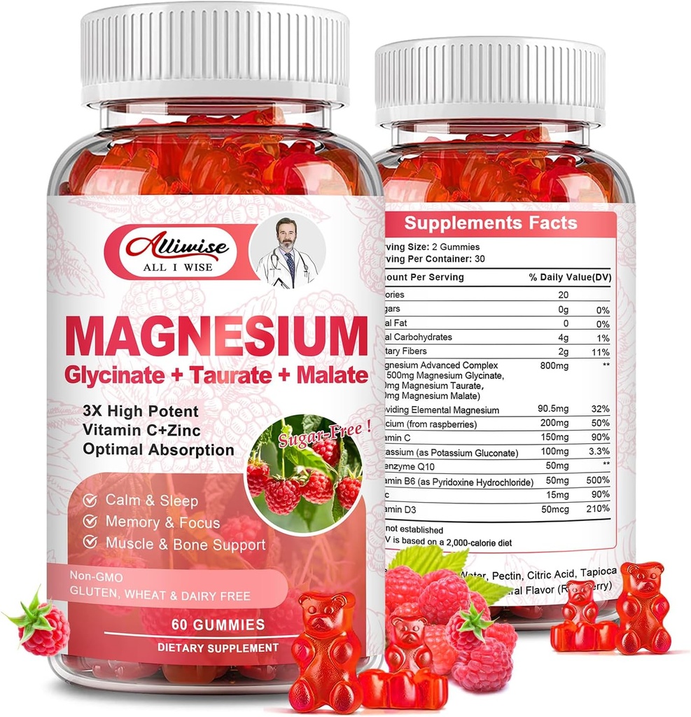 Σύμπλοκο συμπλήρωμα μαγνησίου Gummies, χωρίς ζάχαρη Μαγνήσιο Γλυκινικό 500mg για ενήλικες και παιδιά, με Taurate 200mg, Malate, Calcium, COQ10, πολυβιταμίνη για τον ύπνο, την καρδιά & την υγεία των οστών
