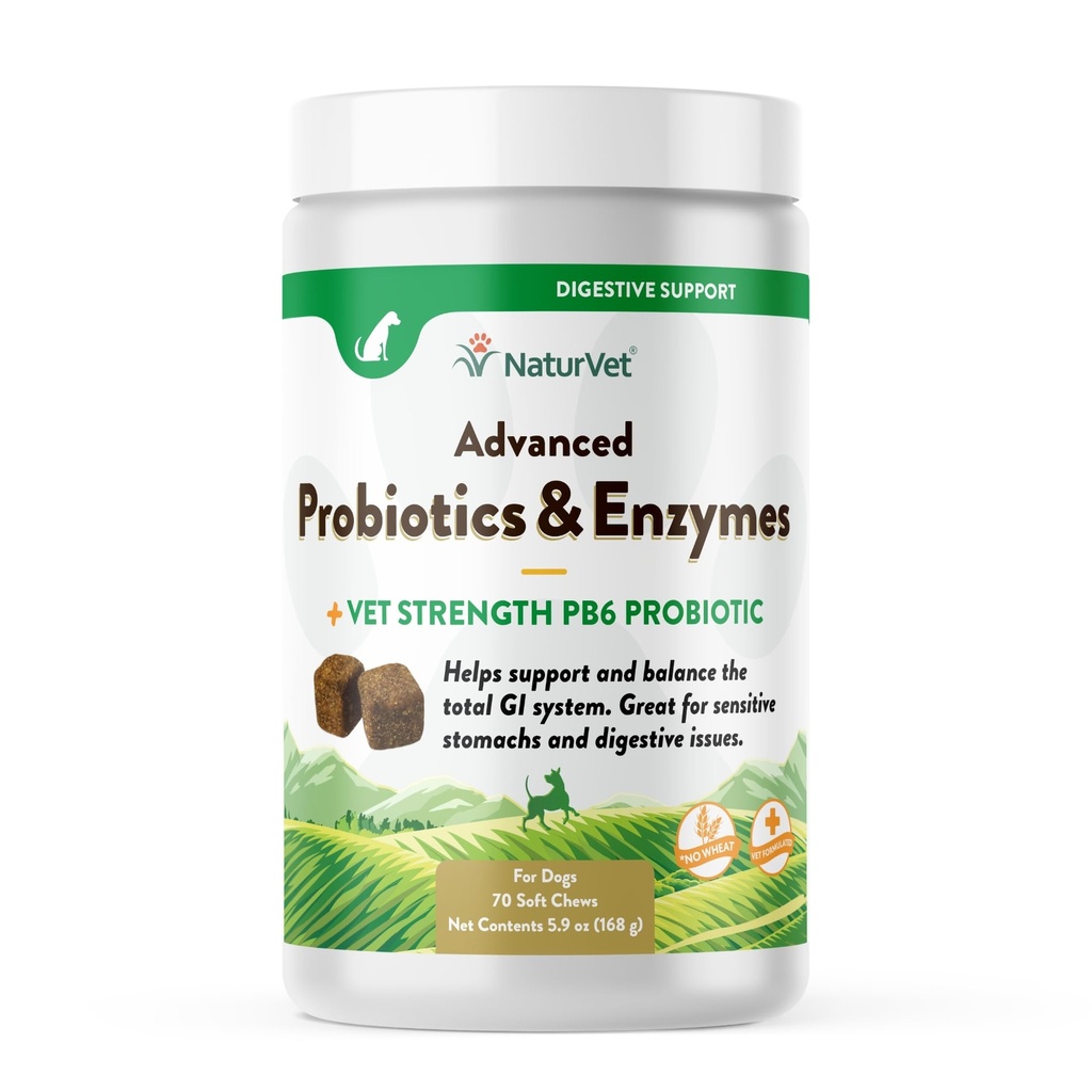 NaturVet Advanced Probiotics & Enzymes, PB6 Dog Soft Chews to Help Sensitive Stomachs and Digestive Issues, Hickory Smoke Bacon Flavored Pet Supplement for Dogs Πάνω από 6 εβδομάδες, 70 Count Jar