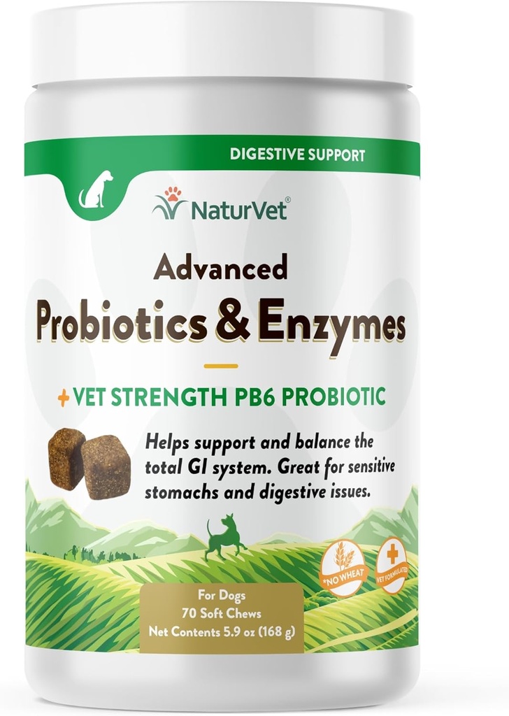 NaturVet Advanced Probiotics & Enzymes, PB6 Dog Soft Chews to Help Sensitive Stomachs and Digestive Issues, Hickory Smoke Bacon Flavored Pet Supplement for Dogs Πάνω από 6 εβδομάδες, 70 Count Jar