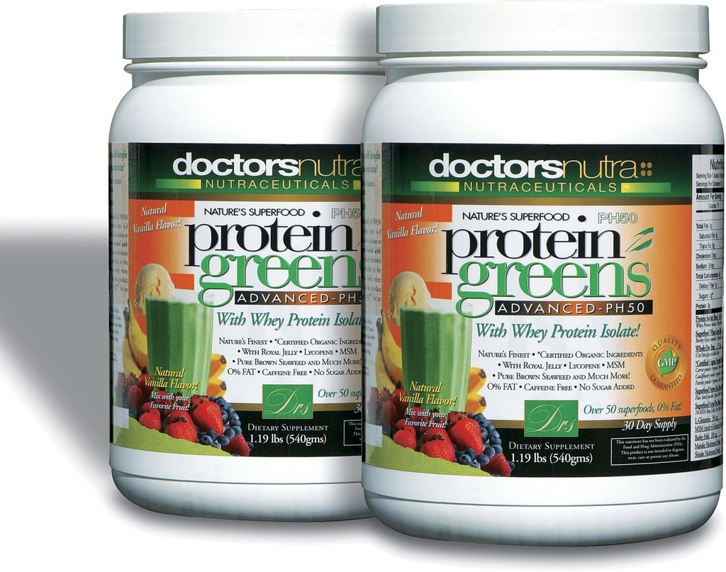 (Pack of 2) PH50 Protein Greens Ποτό με πιστοποιημένα οργανικά συστατικά από τους γιατρούς Nutra Nutra Nutrauticals, 1,19 Λίρες (540 γραμμάρια) 50 Superfoods, Digestive Enzymes, Φυσικό άρωμα βανίλιας