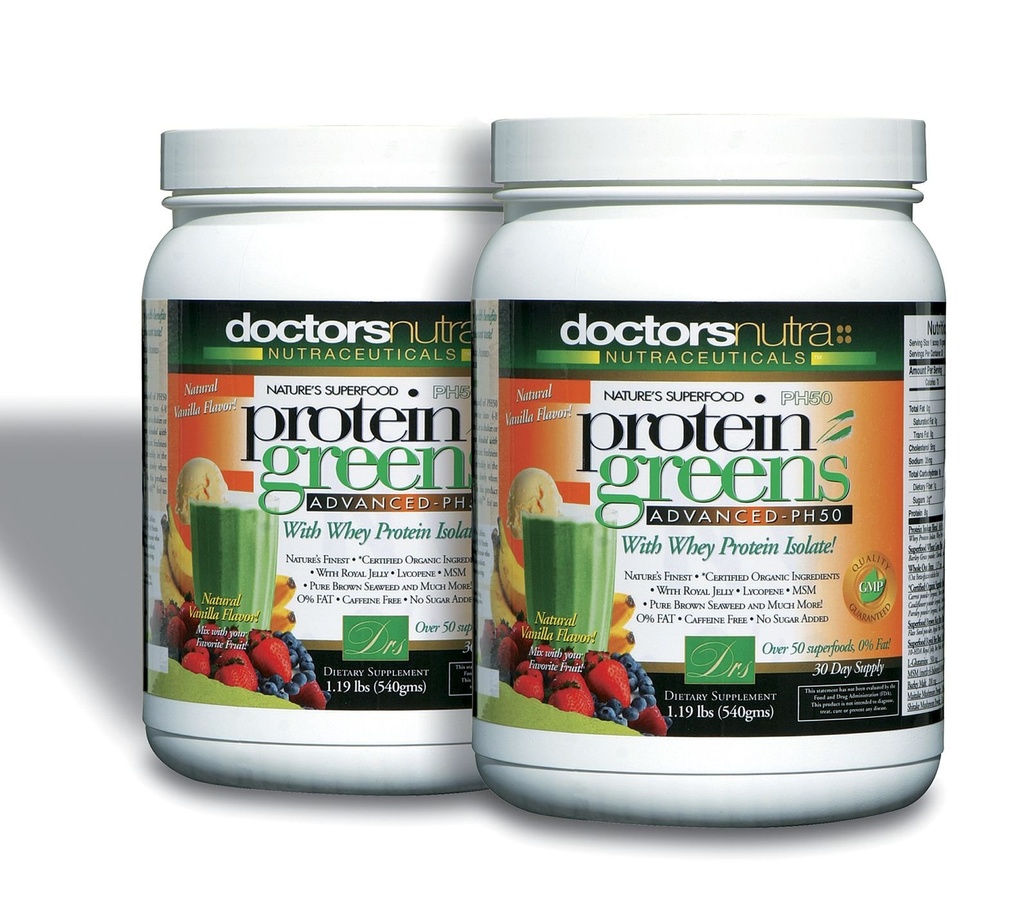 (Pack of 2) PH50 Protein Greens Ποτό με πιστοποιημένα οργανικά συστατικά από τους γιατρούς Nutra Nutra Nutrauticals, 1,19 Λίρες (540 γραμμάρια) 50 Superfoods, Digestive Enzymes, Φυσικό άρωμα βανίλιας