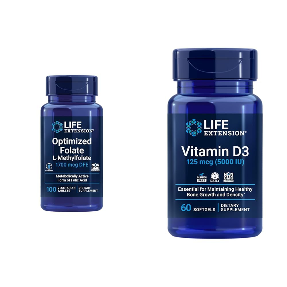 Επέκταση ζωής Βελτιστοποιημένη Folate Heart & Brain Support Tablets και Βιταμίνη D3 Bone, Brain & Immune Health Softgels - 100 Tablets, 60 Softgels