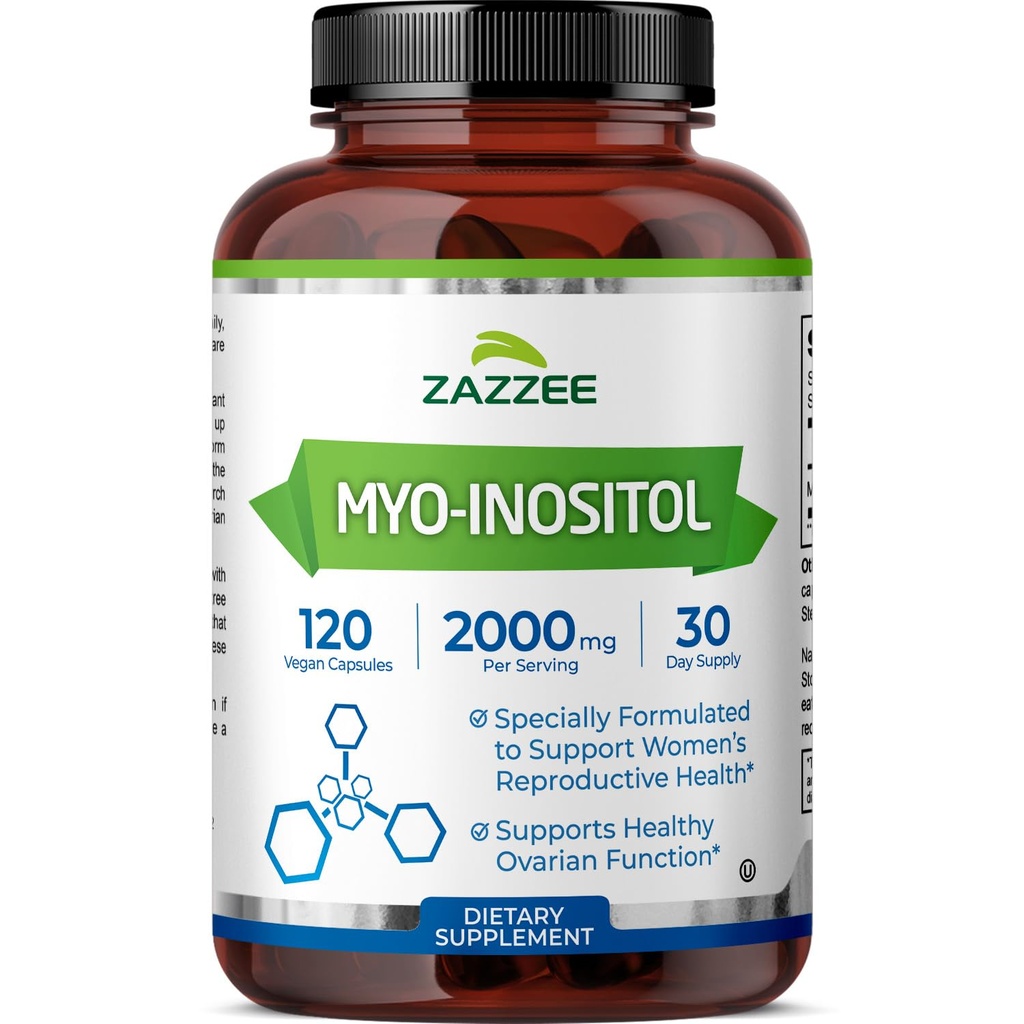 Zazzee Myo-Inositol Capsules, 2000 mg per Serving, 120 Vegan Capsules, Ideal Dosage for 40:1 Ratio, Certified Kosher, Hormone Balance & Healthy Ovarian Function Support, Non-GMO, Made in the USA
