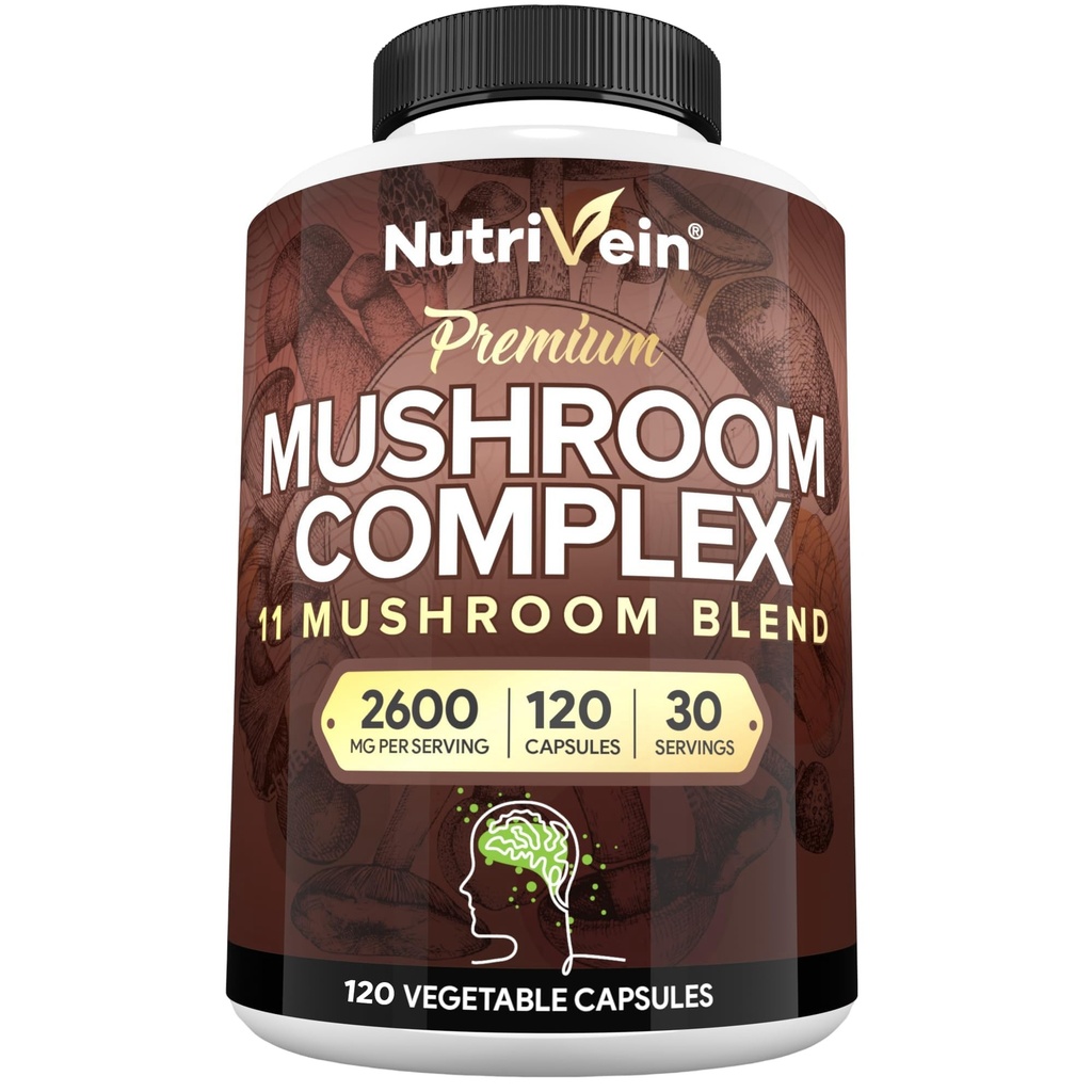 Nutrivein Premium Mushroom Supplement 2600 mg- Φιάλη 120 Κάψουλες- 11 Nootropic Mushroom Complex - Lion's Mane, Cordyceps, Chaga, Reishi, Turkey Tail,Matake,Shiitake, Agaricus, White Button, Oyster