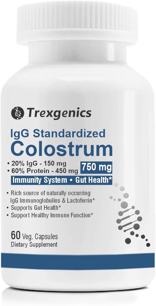 Trexgenics Colostrum 750 mg, 20% IgG, 60% Πρωτεΐνες, Ανοσία, Υποστήριξη για την Υγεία των Ούρων Χορτοφαγικά & Μη ΓΤΟ (60 Veg Κάψουλες) (Pack of 1)