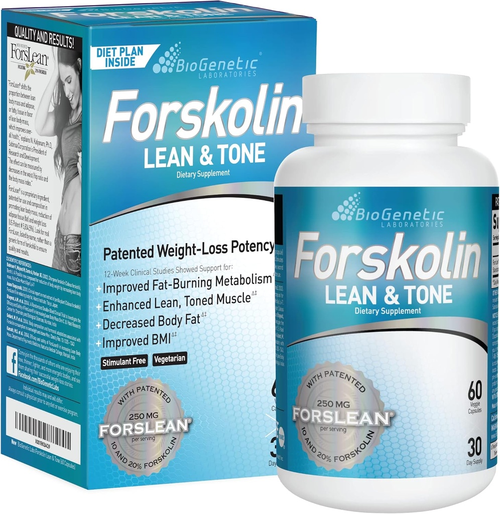 BioGenetic Labs Forskolin Lean & Tone - Χάπια απώλειας βάρους - Τονωτική Φόρμουλα Fat Burner και συντήρηση της μυϊκής μάζας για άνδρες και γυναίκες Ορεκτικό Καταπιεστικό - 60 κάψουλες - Χορτοφαγικά