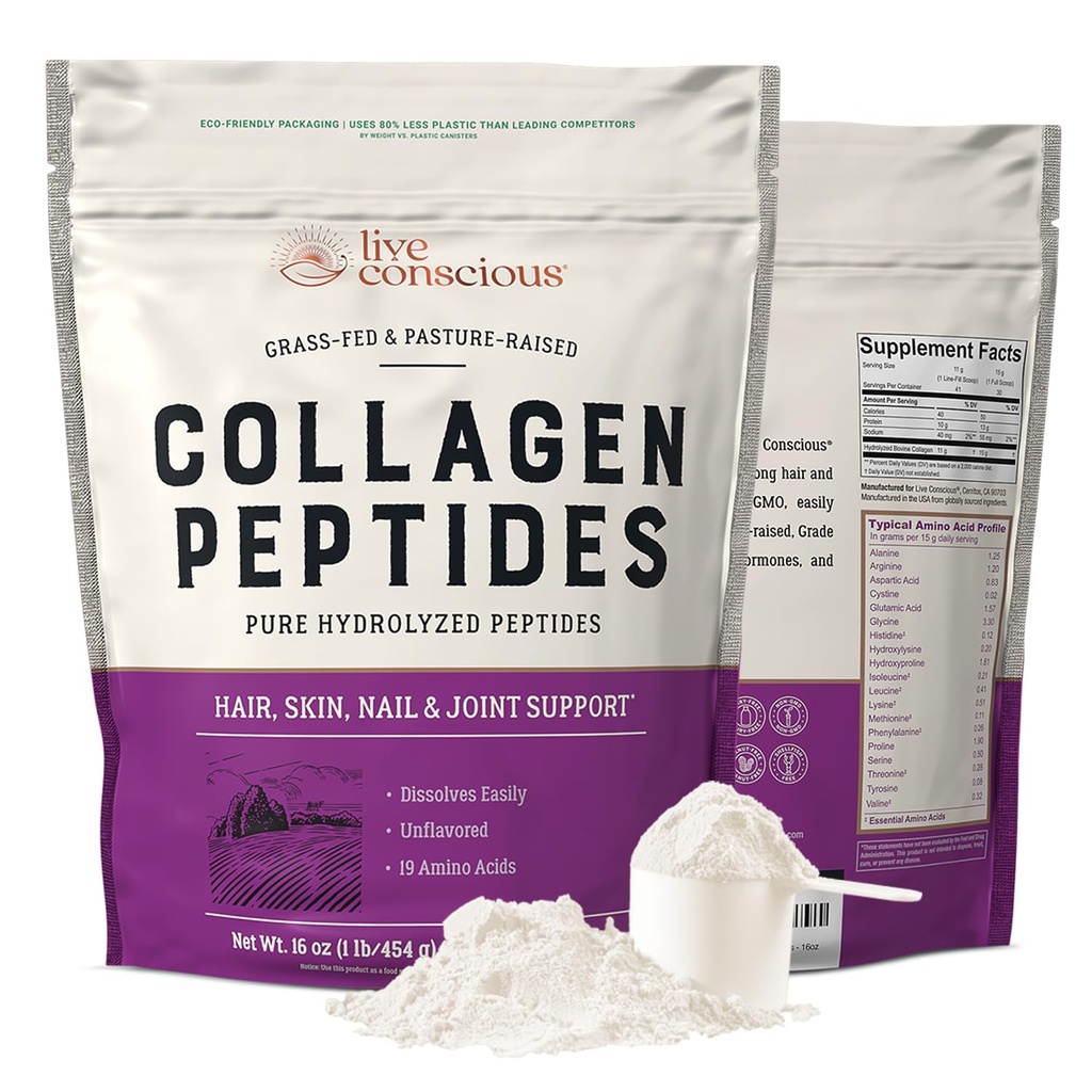 Ζωντανή conscious Collagen Peptides σκόνη - Φυσικά-Πηγή Υδρολυμένα Collagen σκόνη - μαλλιά, δέρμα, νύχια, και κοινή υποστήριξη - Τύπος I & III Grass-Fed Collagen συμπληρώματα για γυναίκες και άνδρες - 16oz