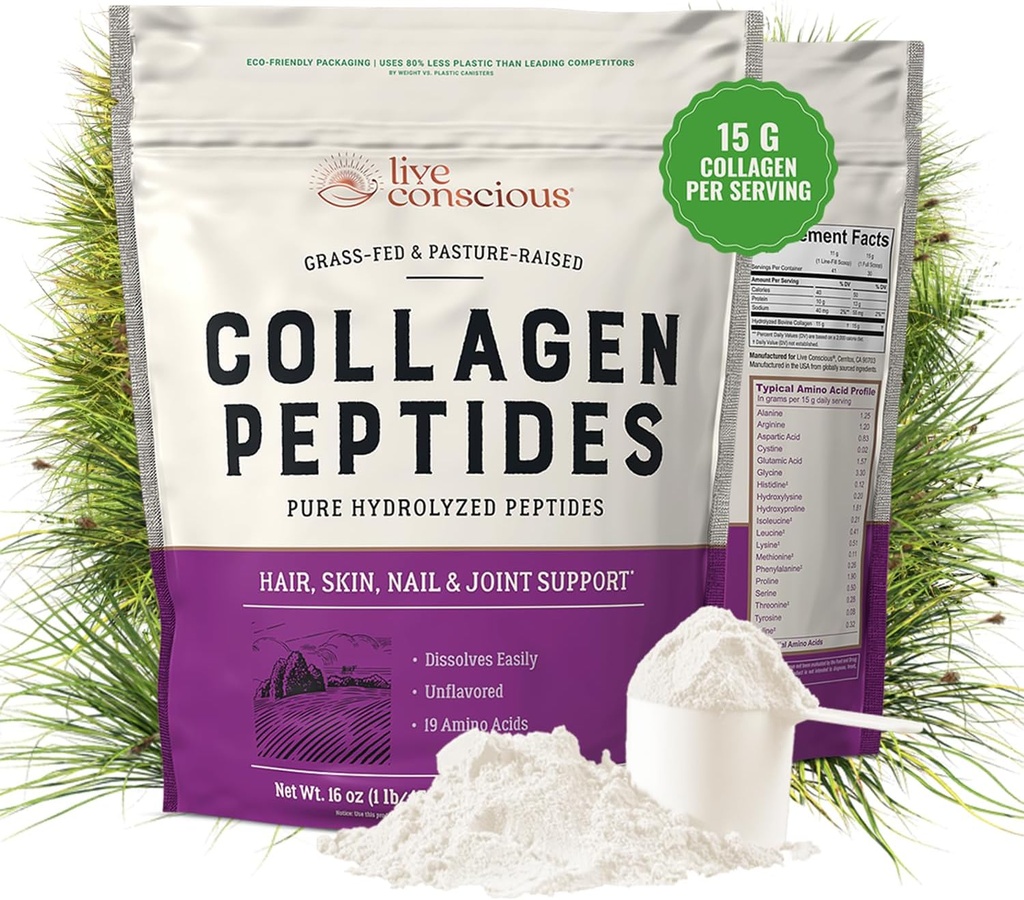 Ζωντανή conscious Collagen Peptides σκόνη - Φυσικά-Πηγή Υδρολυμένα Collagen σκόνη - μαλλιά, δέρμα, νύχια, και κοινή υποστήριξη - Τύπος I & III Grass-Fed Collagen συμπληρώματα για γυναίκες και άνδρες - 16oz
