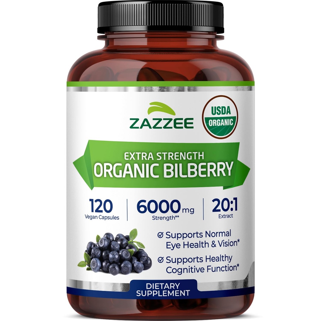 Zazzee USDA Organic Bilberry 20:1 Extract, 6000 mg Δύναμη, 120 κάψουλες Vegan, 4 μήνες προσφοράς, Standardized και συμπυκνωμένο 20X Extract, 100% χορτοφαγικά, όλα φυσικά, μη GMO, Made in The USA