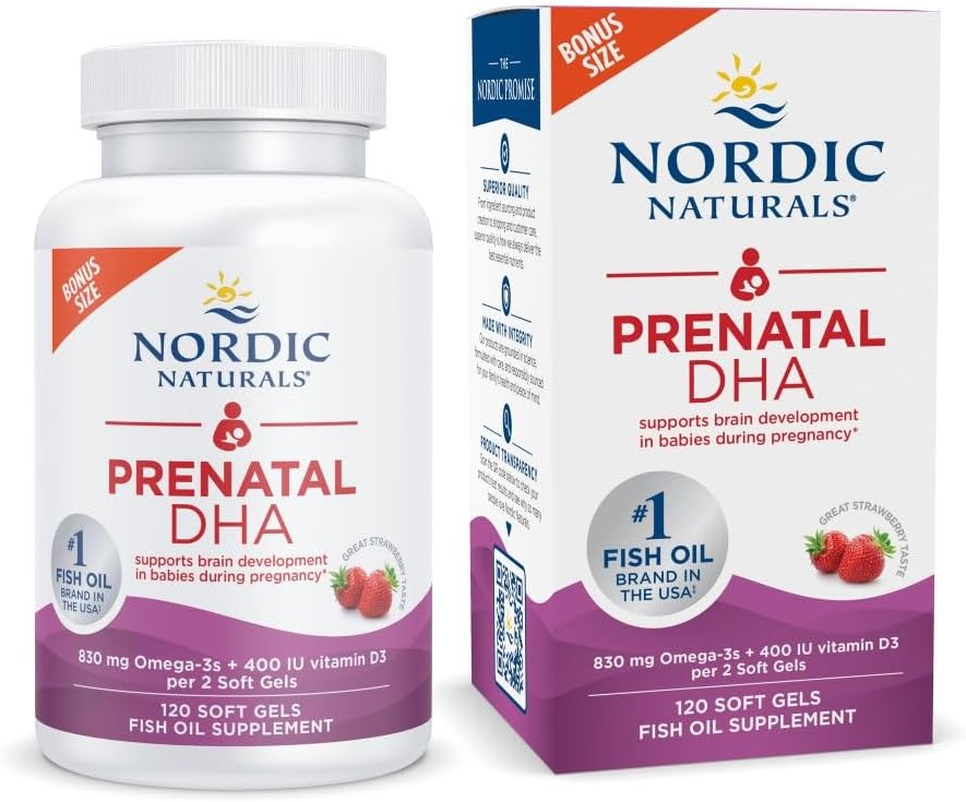 Nordic Naturals Prenatal DHA, Strawberry - 120 Soft Gels - 830 mg Omega-3 + 400 IU Vitamin D3 - Supports Brain Development in Babies During Pregnancy & Lactation - Non-GMO - 60 Servings