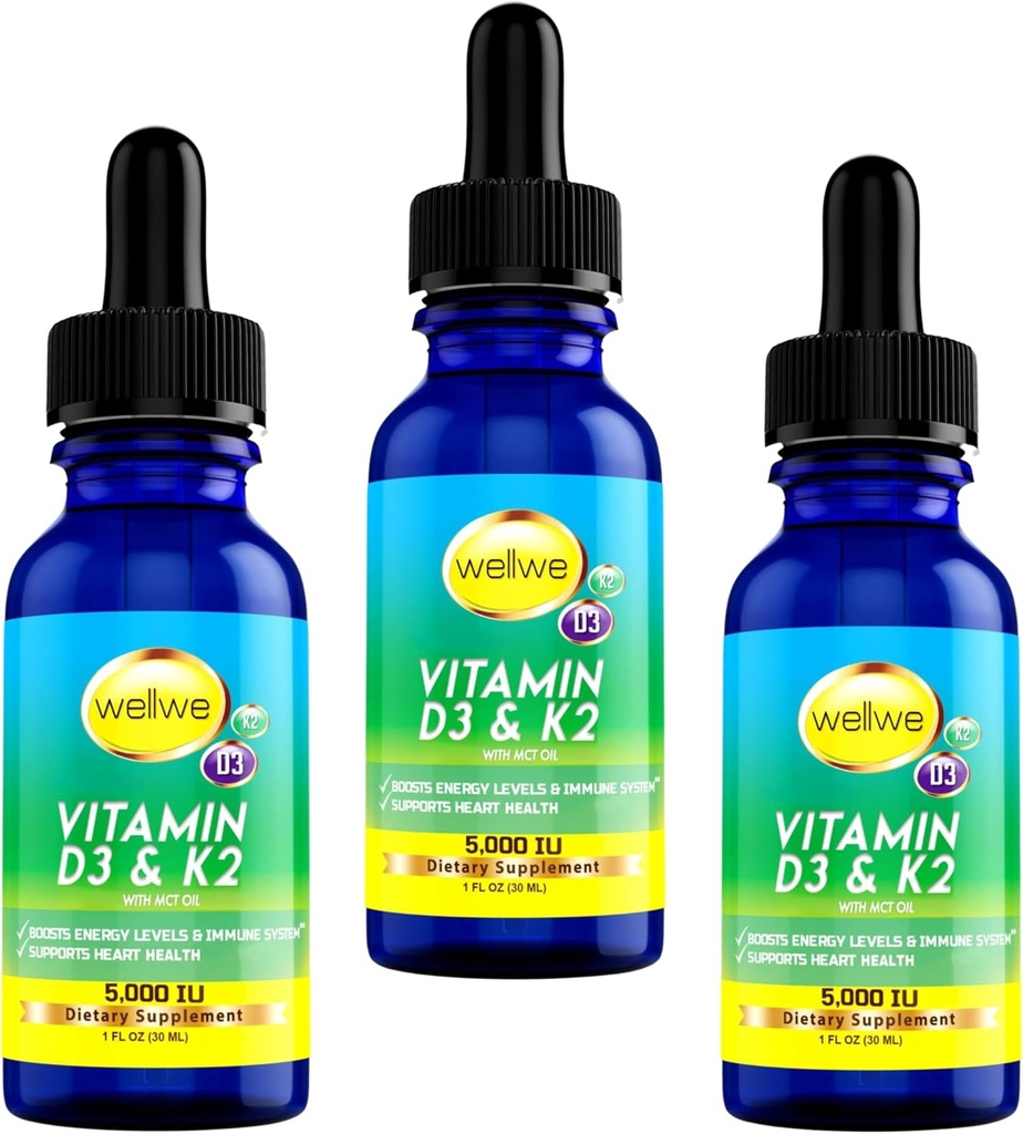 Υγρή βιταμίνη D3 K2 Σταγόνες με MCT Oil 5000 IU - Vegan, Χωρίς Γεύση, Χωρίς Οδοντόκρεμα, Χωρίς Σόγια, Χωρίς Γλουτένη, Μη ΓΤΟ, 1000 IU ανά Σταγόνα, Ενισχύει το Ενεργειακό & Ανοσοποιητικό Σύστημα (3 Συσκευασία)