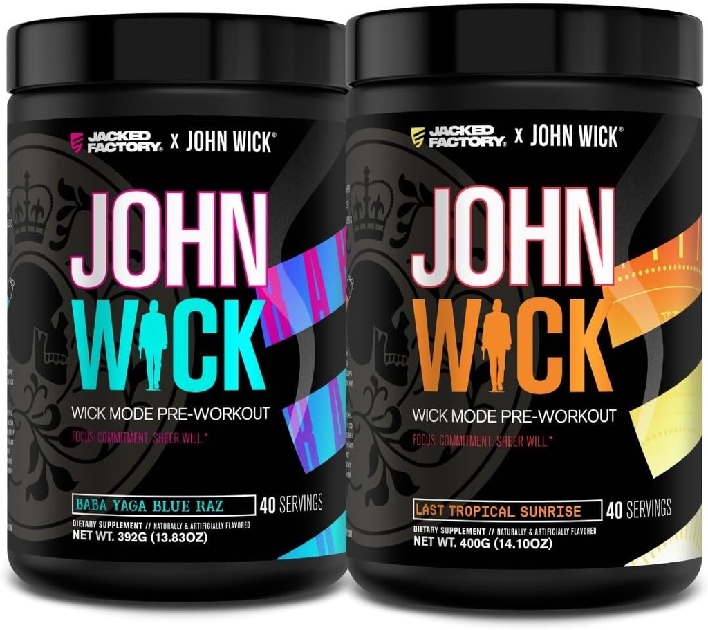 Jacked Factory X John Wick - Wick Mode Pre Workout Powder - Έντονη ενέργεια, έτοιμη για μάχη εστίαση, ασταμάτητη δέσμευση, και Sher Will - Baba Yaga Blue Raz & Last Tropical Sunrise