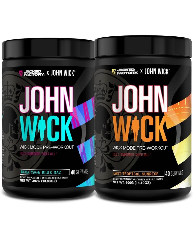 Jacked Factory X John Wick - Wick Mode Pre Workout Powder - Intense Energy, Battle-Ready Focus, Unstoppable Commitment, and Sheer Will - Baba Yaga Blue Raz & Last Tropical Sunrise