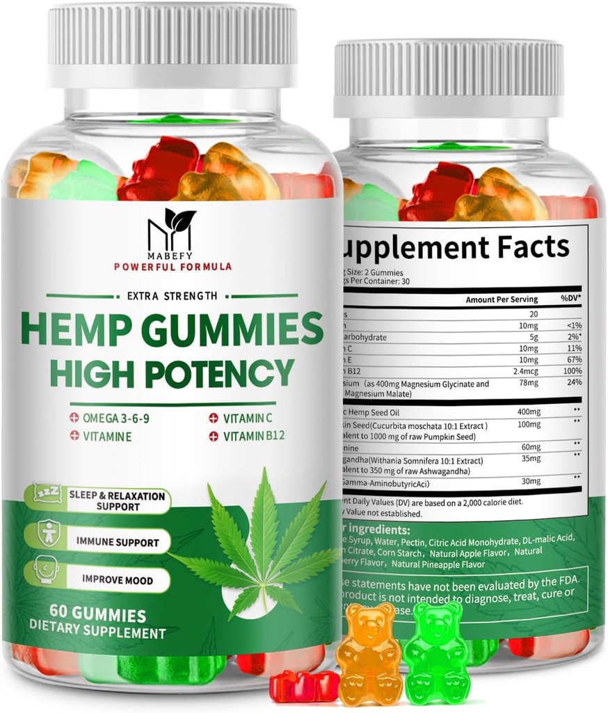 2 Πακέτο Hemp Gummies για τον πόνο, τον ύπνο, την χαλάρωση - Επιπλέον δύναμη με μαγνήσιο & βιταμίνες - Υψηλής ισχύος φυσικό λάδι κάνναβης συμπλήρωμα εκχύλισμα, Vegan Gummy Bears