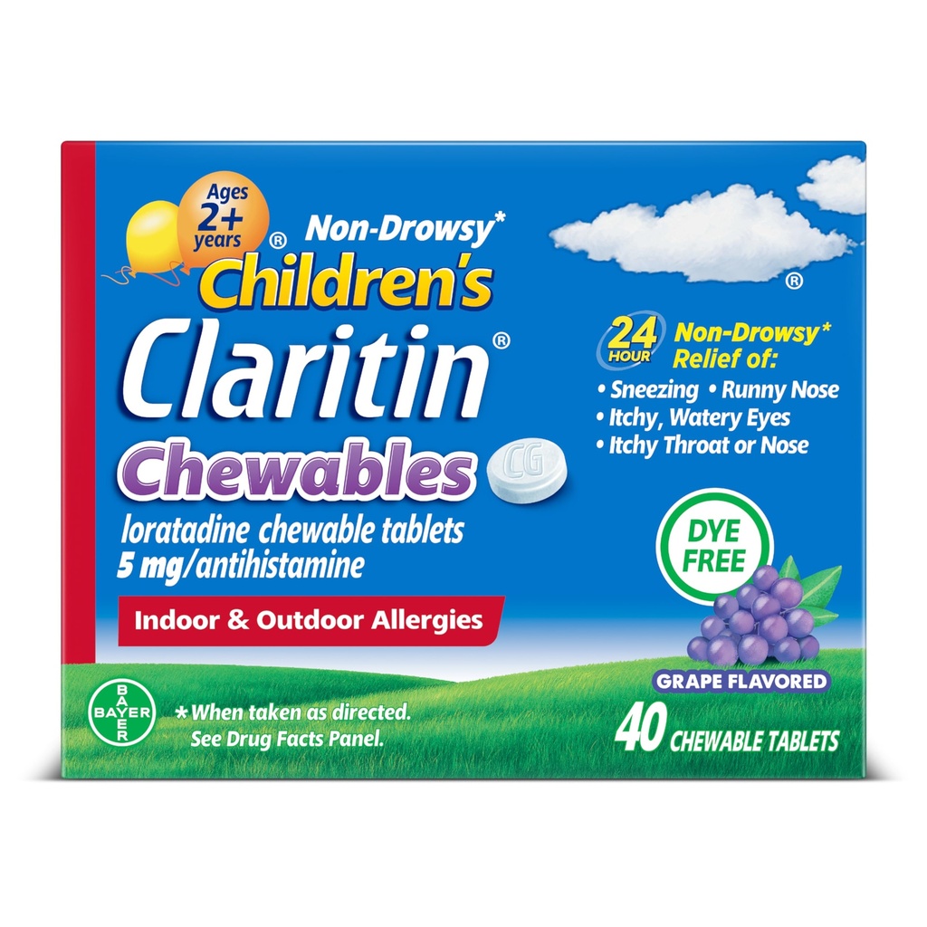 Claritin Παιδική Αλλεργία Ιατρική, 24ωρη Μη- Νυχθηρή Λοραταδίνη 5mg Μασώμενο δισκίο, Αντιισταμινικό για Παιδιά Ηλικίες 2 ετών και μεγαλύτερη, Σταφύλι Γεύση, 40 δισκία