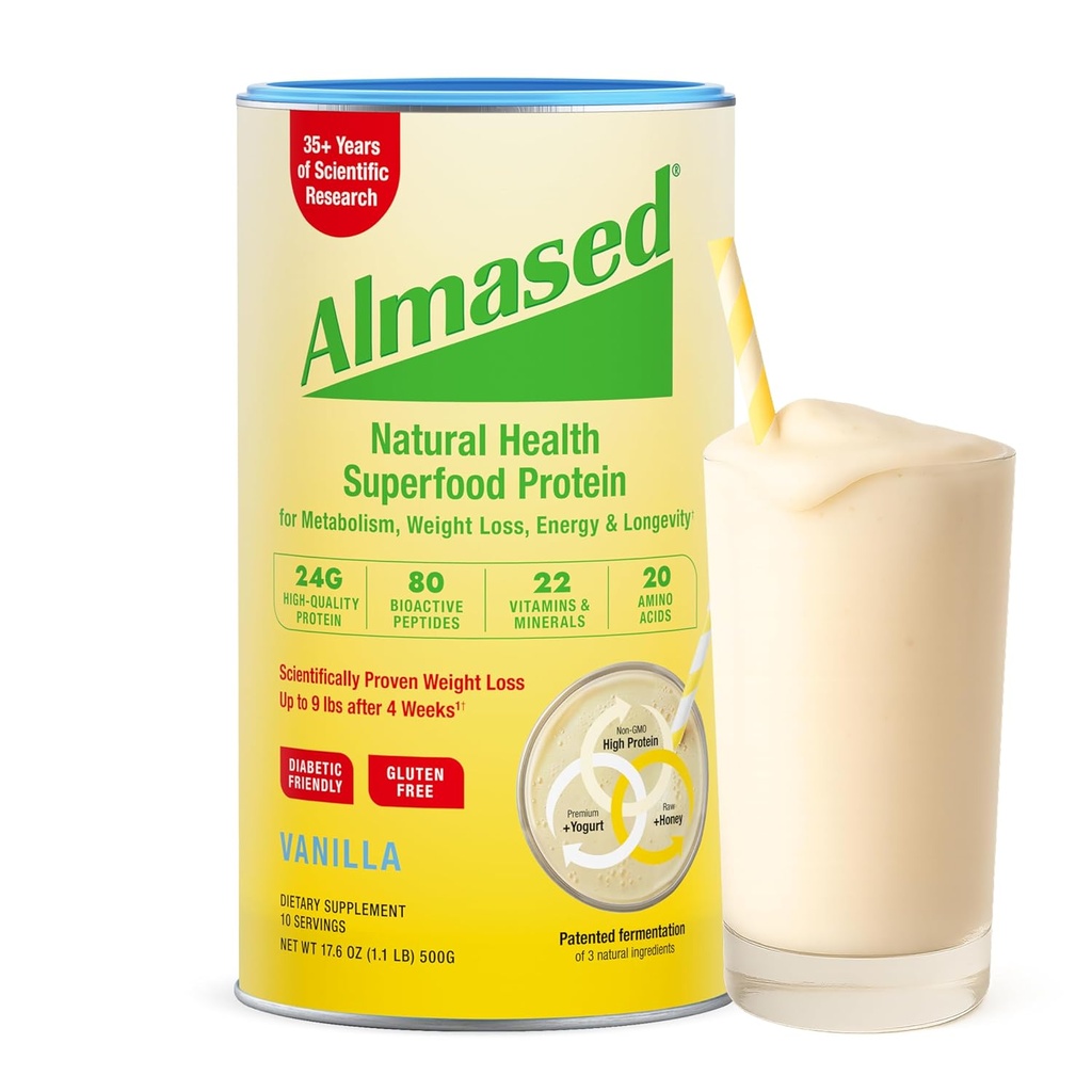 Almased Vanilla Meal Replacement Shake - Χαμηλή Γλυκαιμική Υψηλής Βάσης Φυτικών Πρωτεΐνη Σκόνη- Συμπλήρωμα Διατροφικής Υποστήριξης Βάρος Υγείας - Βανίλια Γεύση - 17,6 oz (1,1 Λίβρα (1 Συσκευασία))