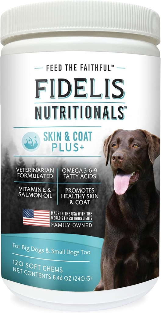 FIDELIS Skin & Coat Plus+ Dog Skin & Coat Supplement, Ωμέγα 3, Βιταμίνη Ε, Λάδι σολομού για σκύλους, λιπαρά οξέα, υγιές δέρμα, γυαλιστερό παλτό, ενήλικας, μεγάλος & μικρός, κατασκευασμένος στις ΗΠΑ, φυτική γεύση, 120 μαλακά μάσημα