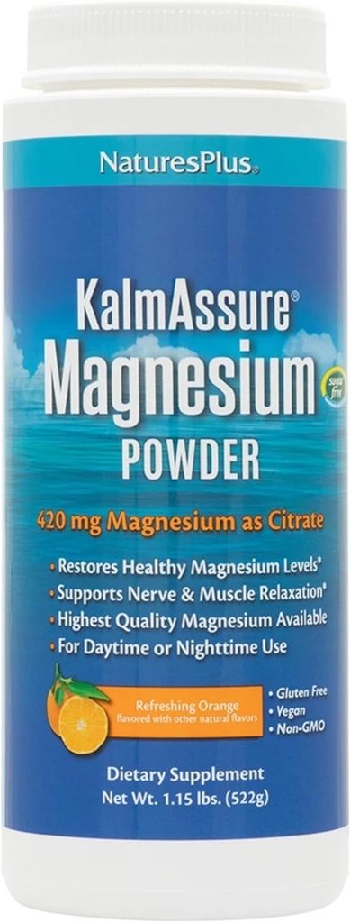 NaturesPlus KalmAsure Μαγνήσιο σε σκόνη - 1.15 lb, Συσκευασία των 2 - Πορτοκαλί Γεύση - Υποστηρίζει το νεύρο και τη μυϊκή χαλάρωση - Μη-GMO, Χωρίς γλουτένη, Vegan - 120 Σύνολο Σερβίρει