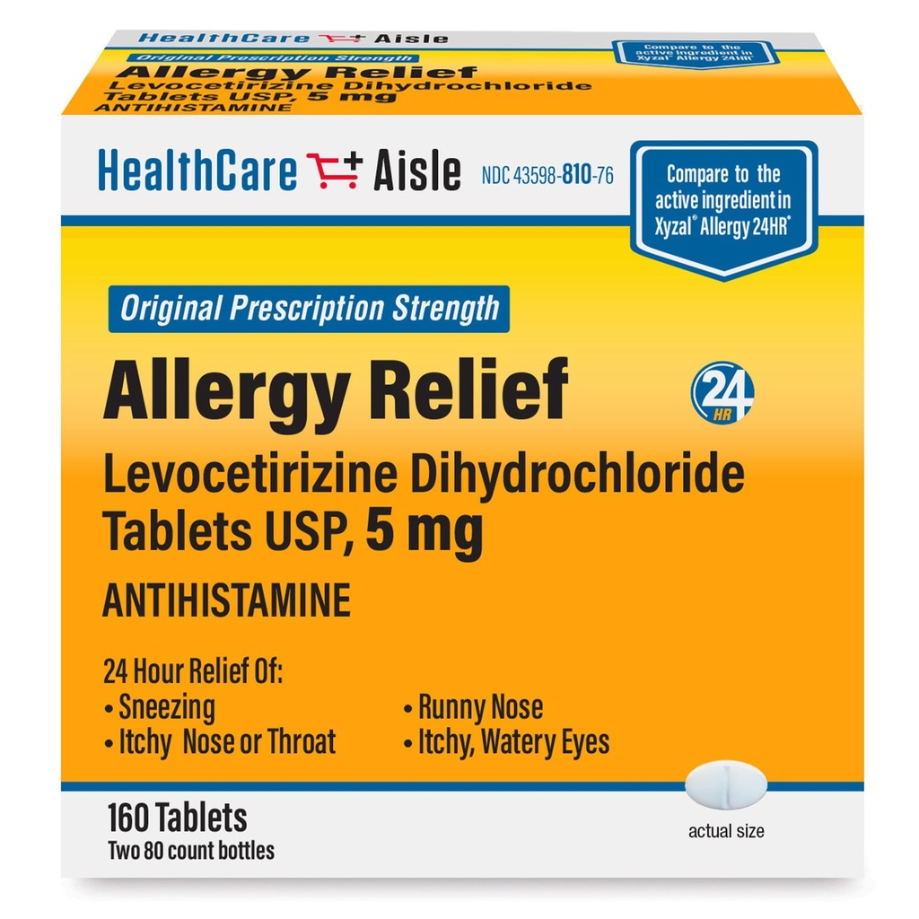 HealthCareAisle Allergy Relief - Levocetirizine Dihydrochloride Tablets USP, 5 mg, 160 Tablets, Original Prescription Strength Allergy Medication, 24-Hour Relief, 80 Count (Pack of 2)
