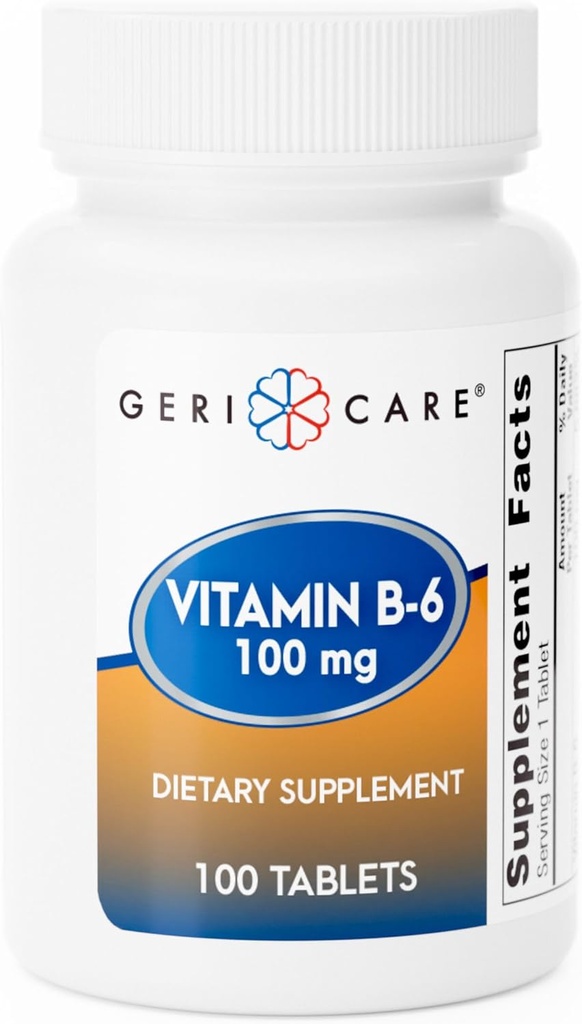 GeriCare Βιταμίνη B-6 100mg, 100 Tablets – Καθημερινή Διατροφική Υποστήριξη για την Υγιή λειτουργία του εγκεφάλου, Ενίσχυση Mood, Κυκλοφορική Υγεία & Μεταβολισμός – Βοηθά στην Καταπολέμηση της Κόπωση & Προώθηση της Συνολικής Ευαισθησίας
