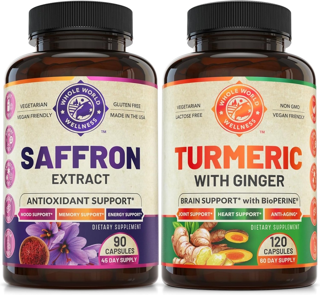 Pure Saffron Extract & Organic Turmeric Curcumin Bundle (Ένα μπουκάλι το καθένα). Υποστηρίζει Mood, Energy Boost, Μεταβολική λειτουργία. USA Made (στα Αγγλικά).