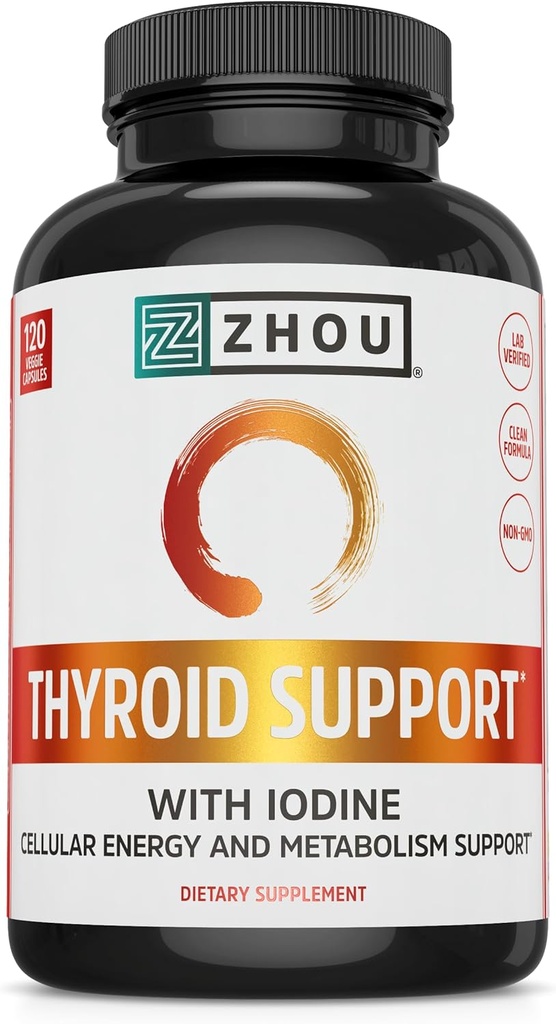 Zhou Thyroid Support - Thyroid συμπλήρωμα για γυναίκες & άνδρες με ψευδάργυρο, ιώδιο & σελήνιο, Μεταβολική Υγεία Thyroid Complex, Αντιοξειδωτική υποστήριξη με Aswagandha & Kelp - 120 κάψουλες Veggie