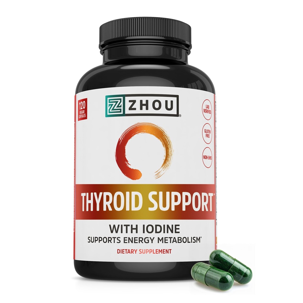 Zhou Thyroid Support - Thyroid συμπλήρωμα για γυναίκες & άνδρες με ψευδάργυρο, ιώδιο & σελήνιο, Μεταβολική Υγεία Thyroid Complex, Αντιοξειδωτική υποστήριξη με Aswagandha & Kelp - 120 κάψουλες Veggie
