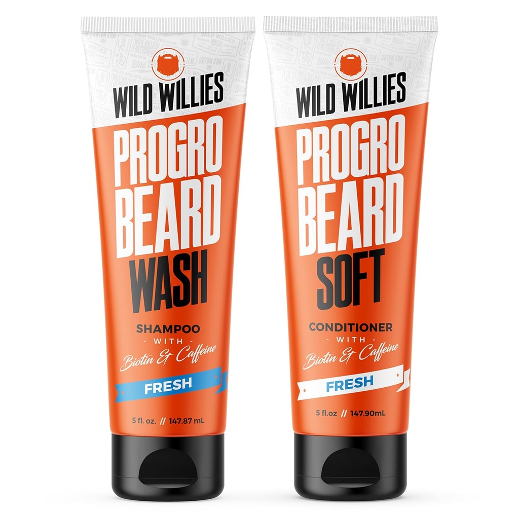Wild Willies PROGRO Beard Shampoo and Conditioner Kit - Ενισχυμένη w/Caffeine & Biotin - Ενίσχυση, Flake-free, Ενυδατική πλύση και conditioner για τους άνδρες, 2 x 5oz σωλήνες