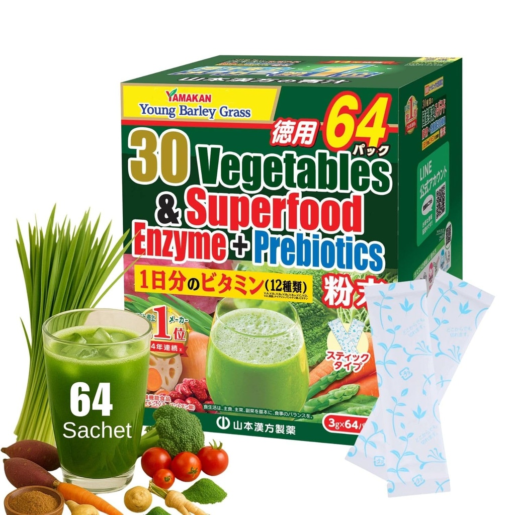 Yamamoto Kanpoh YAMAKAN Greens Superfood Powder με προβιοτικές ίνες & ένζυμα για Digetion, 30 Veggies & Young Barley Grass Juice Blend από την Ιαπωνία, Gut Health for Women & Men, 64 Packets