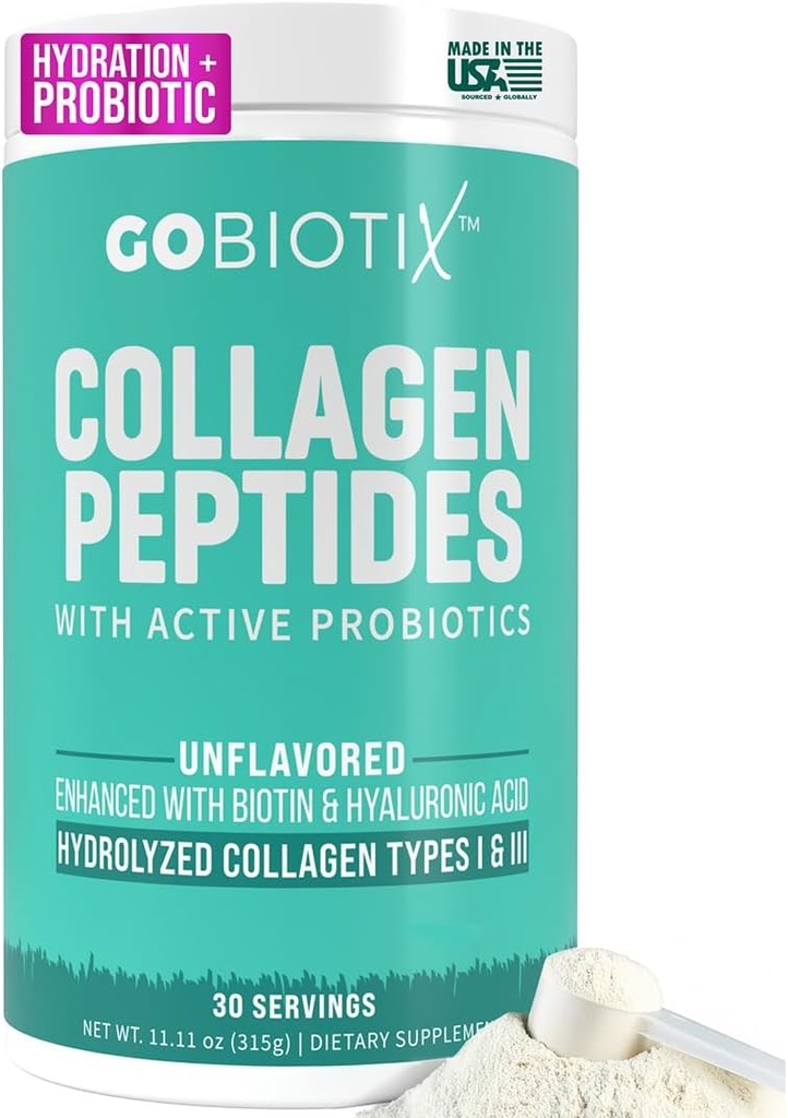 GOBIOTIX Collagen Powder Supplement με Προβιοτικά - Hydrolyzed Protein Collagen Powder for Women - Hair Skin and Nails, Joint and Digestive Health - Collagen Peptides Type I and III - 30 Servings