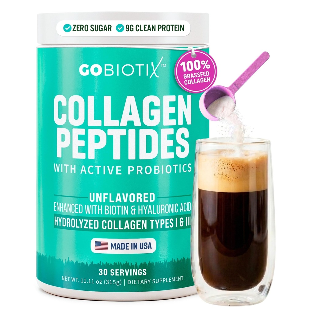 GOBIOTIX Collagen Powder Supplement με Προβιοτικά - Hydrolyzed Protein Collagen Powder for Women - Hair Skin and Nails, Joint and Digestive Health - Collagen Peptides Type I and III - 30 Servings