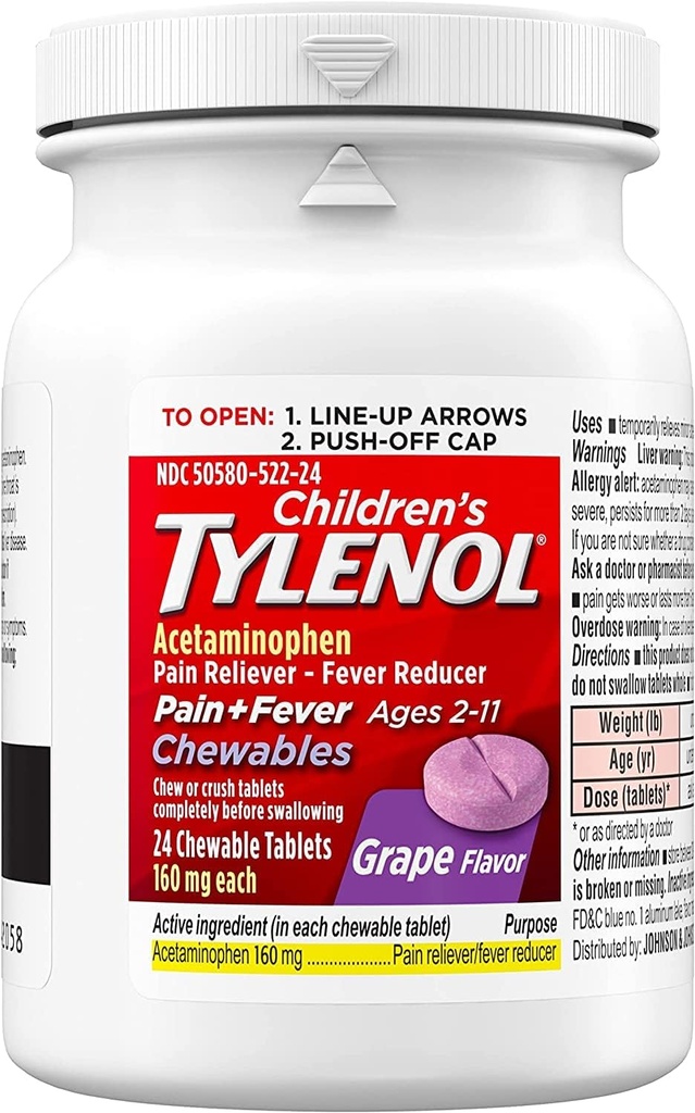 Tylenol Παιδικό άλγος Plus Πυρετός, Σταφύλι, 24 Μασώμενα δισκία (πακέτο του 2)