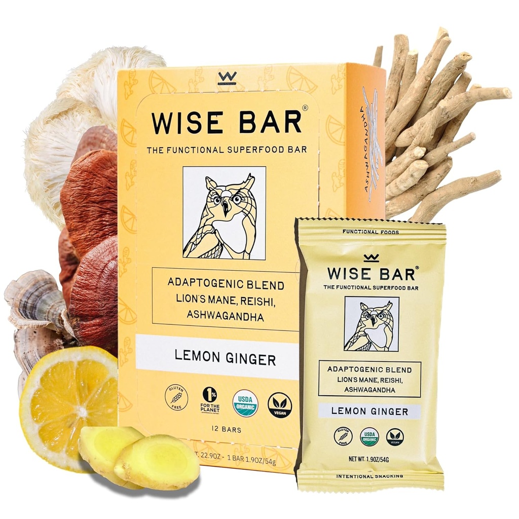 Wise Bar Adaptogen Mushroom Nutrition Bars with Reishi, Lions Mane & Ashwagandha, Organic Vegan & Gluten Free Snacks for Natural Focus, Energy & Immunity Support, Lemon Ginger Flavor, 12 Count