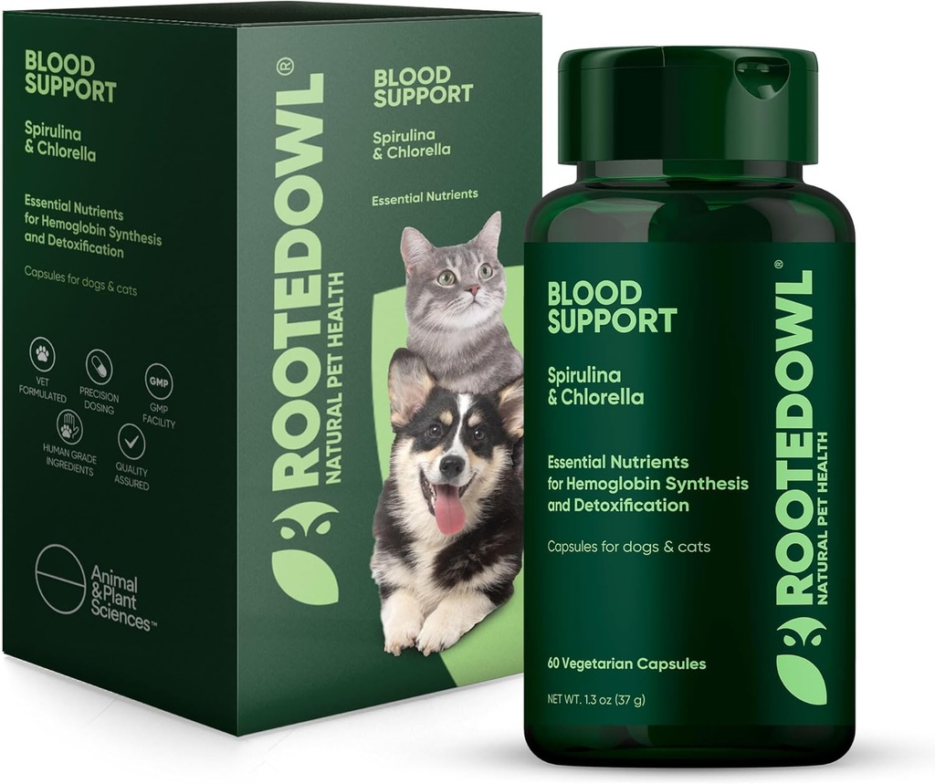 Rooted Owl Blood Support - Ασυλία, ανάκτηση και το συμπλήρωμα σιδήρου για σκύλους & γάτες - Αναιμία Υποστήριξη με Spirulina και Chlorella - 60/ct κάψουλες Vegan