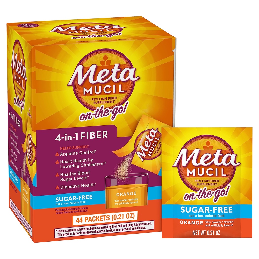 Metamucil On-the-Go Packets, Χωρίς ζάχαρη, 44 πακέτα, 4-σε-1 Psyllium συμπλήρωμα ινών Husk, Πορτοκαλί Γεύση, Ατομικές εξυπηρετούν μεγάλη για τα ταξίδια, Fiber συμπλήρωμα για την Digestive υγεία και την κανονικότητα