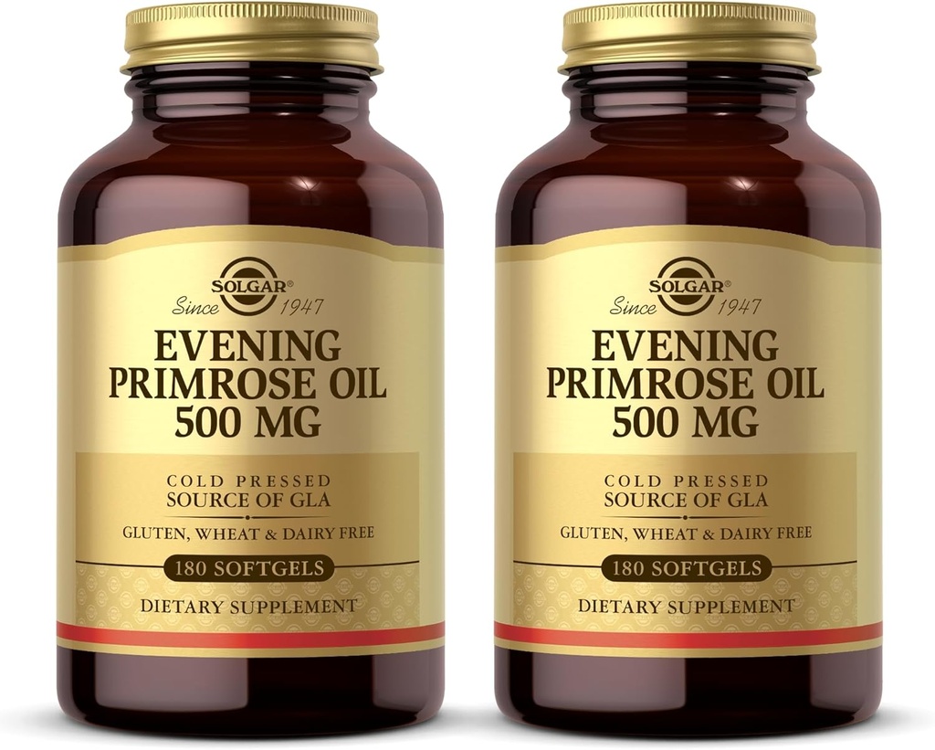 Solgar Evening Primrose Oil 500 mg - 180 Softgels, Pack of 2 - Ψυχρή Πιέσιμη Πηγή GLA - Χωρίς γλουτένη, χωρίς γαλακτοκομικά - 360 Σύνολο Σερβιέτες