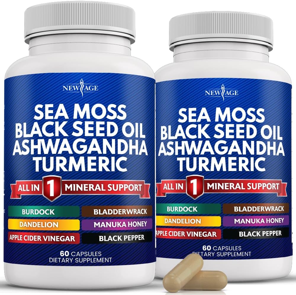 NEW AGE Sea Moss Caps Black Seed Oil Ashwagandha Turmeric Bladderwrack Burdock - με Manuka, Honey Dandelion, ACV Μαύρο πιπέρι Χωρίς γλουτένη