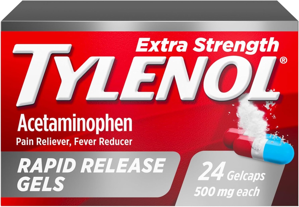 Tylenol Extra Strength Acetaminophen Rapid Release Gels, Extra Strength Pain Reliever & Fever Reducer, Gelcaps με Τρύπες με Λέιζερ, 500 mg Acetaminophen, 24 ct