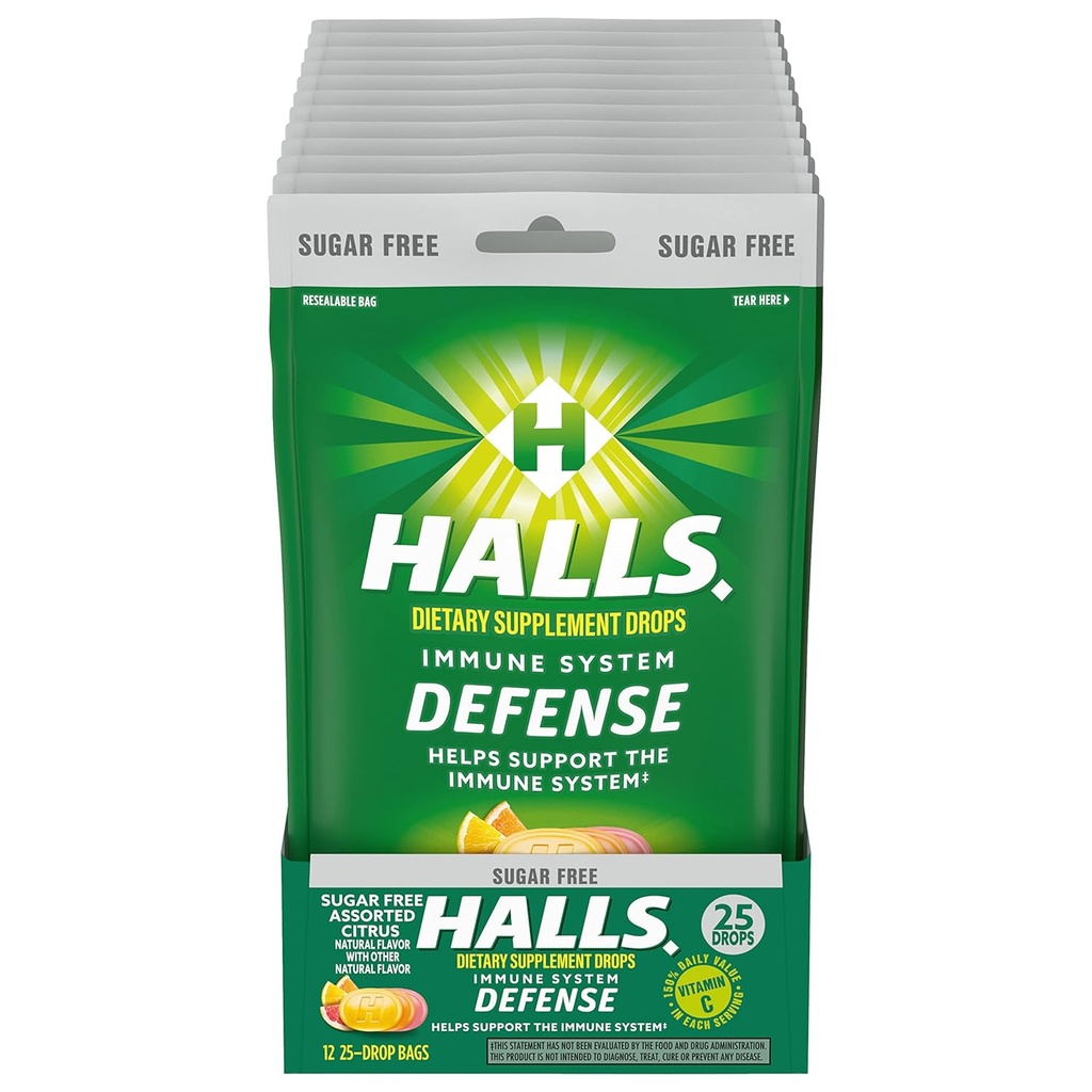 HALLS Άμυνα Ποικιλόμορφα Εσπεριδοειδή ζάχαρη δωρεάν βιταμίνη C σταγόνες, συμπλήρωμα διατροφής σταγόνες, 12 τσάντες των 25 σταγόνες (300 συνολικές σταγόνες)