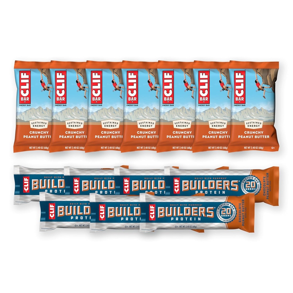 CLIF BAR and CLIF Builders - Variety Pack - Crunchy Peanut Butter and Chocolate Peanut Butter - Energy Bars and Protein Bars - Non-GMO - Plant Based - 2.4 oz. (14 Count)