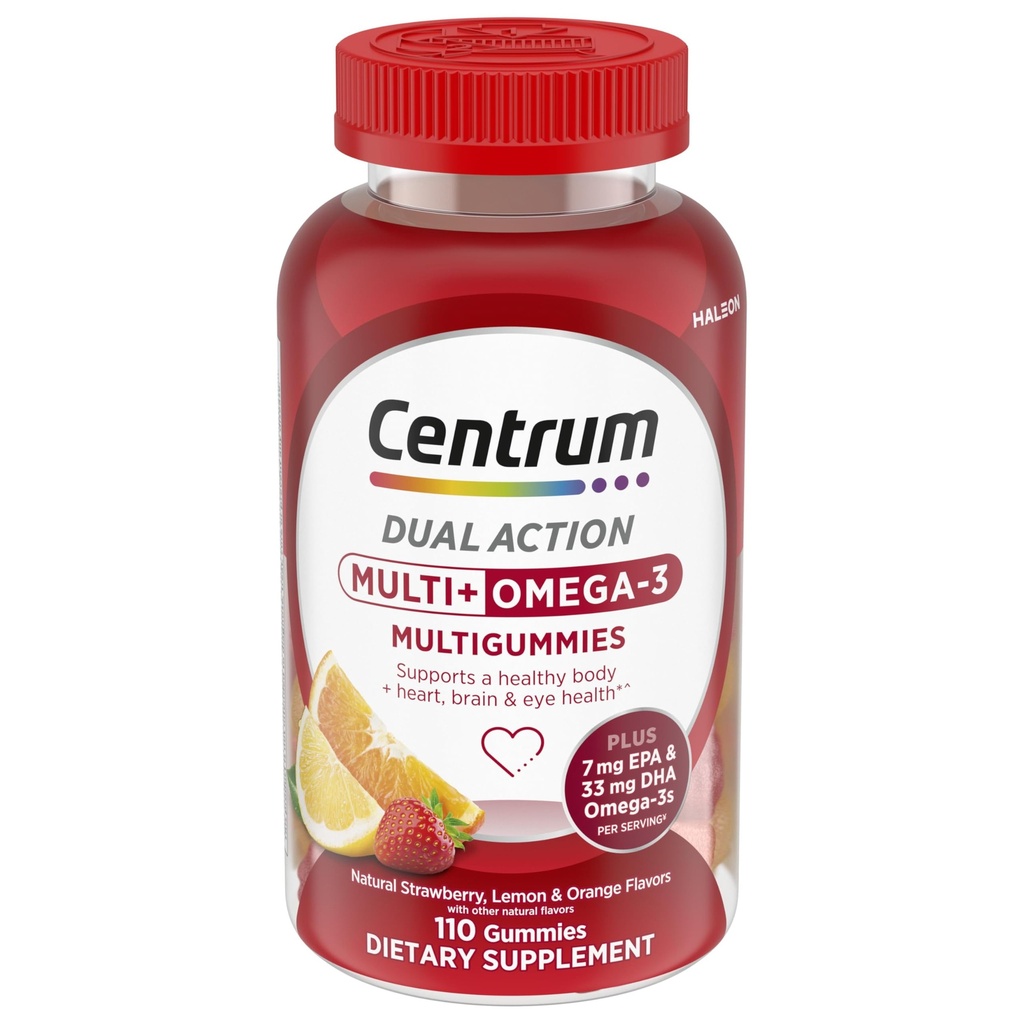 Centrum MultiGummys Multi+ Omega 3 Dual Action, Adult Multivitamin, Multivitamin/Multimineral/Omega 3 Supplement, Strawberry/Lemon/Orange Flavors - 110 Count