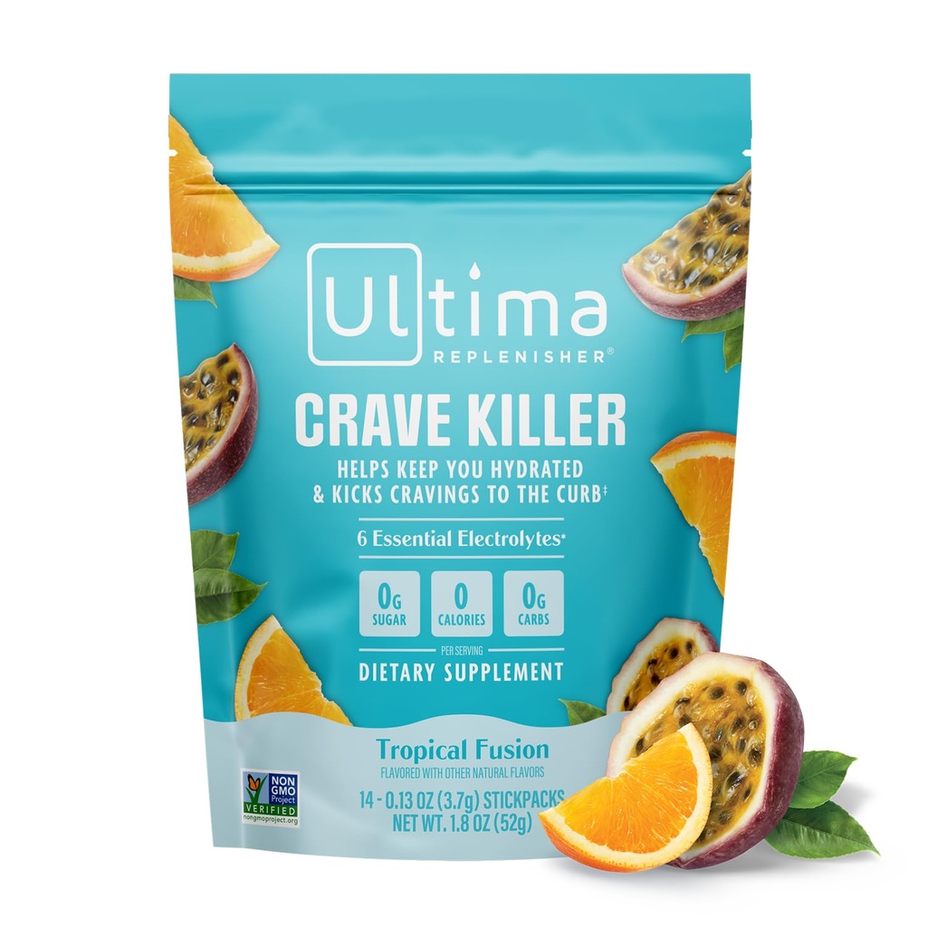 Ultima Replenisher Crave Killer συμπλήρωμα και ηλεκτρολυτές σκόνη – Τροπική σύντηξη, 14 Stickpacks – Πακέτα ενυδάτωσης Το Kick Cravings στο Curb