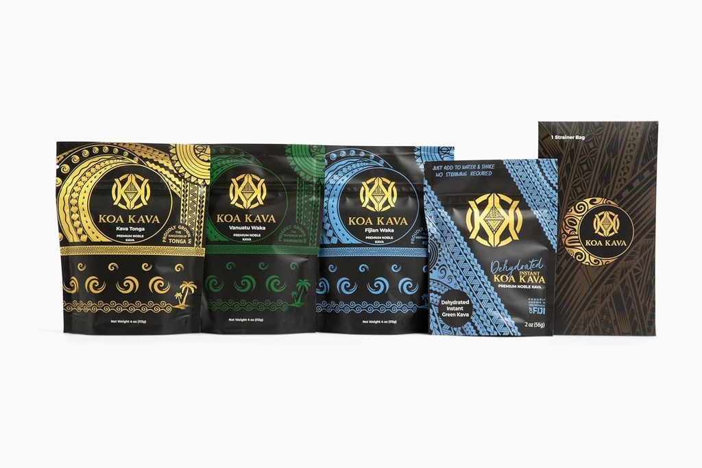 Koa Kava Premium πακέτο δειγμάτων – 2 oz Αφυδατωμένο Instant Kava σκόνη + 4 oz τσάντες του Tongan, Φίτζι, και Vanuatu Waka Medium Grind Ποικιλίες. Ανακαλύψτε το αγαπημένο σας για την απόλυτη ηρεμία και χαλάρωση!