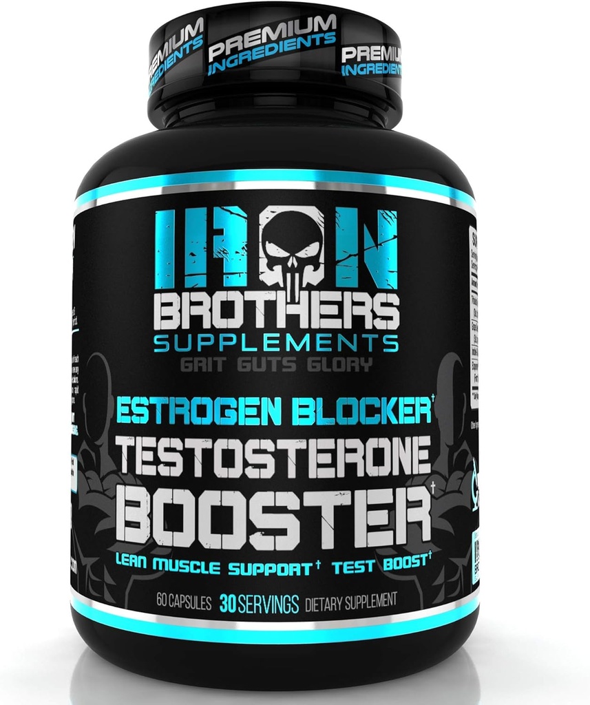 Iron Brothers Συμπληρώματα Testosterone Booster για άνδρες με οιστρογόνα Blocker - Anti-Estrogen Dietary Supplements - Σπόροι σταφυλιού & Tribulus Terrestris – Συσκευασία των 60 καψακίων – μυϊκή ανάπτυξη Boost - 30 ημέρες
