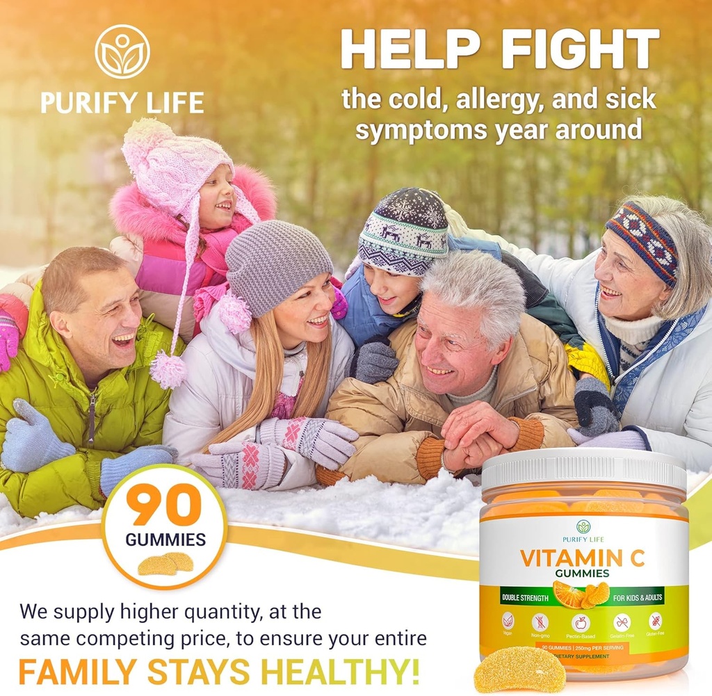Έντονη βιταμίνη C Gummies για ενήλικες & παιδιά (Bulk - 90 μάσημα), Vegan Vitamin C μασώμενα για διπλή δύναμη ανοσοποιητική υποστήριξη, Ζελατίνη και Gluten-free Gummy, αντικαθιστά VIT C χάπια, δισκία & σιρόπι